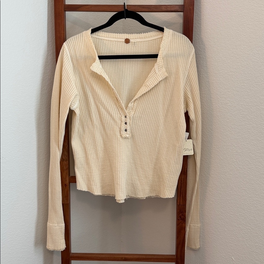Free People FP One Cream Long Sleeve Waffle Henley Top NWT Size XL